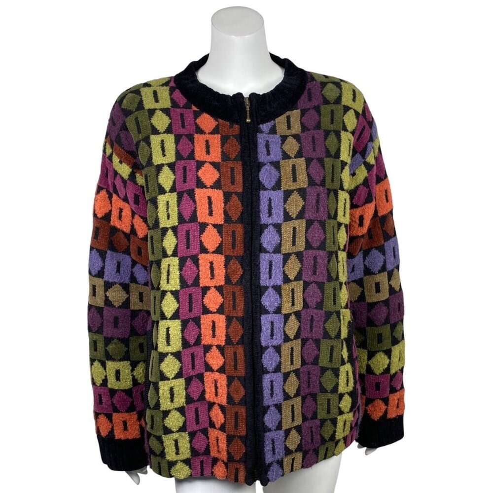Vintage Icelandic Design Wool Blend Zip Up Jacket Womens XL Lined Colorful